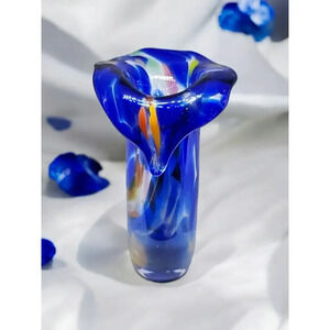 Blue Confetti Jack in the Pulpit Art Glass Hand Blown Vase